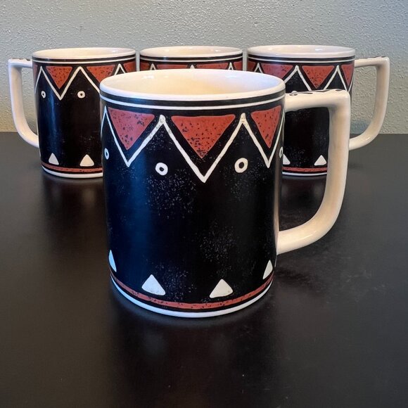 Set of 4 Vintage MIKASA Fashion Plate MOZAMBIQUE Pattern Tribal Art Ceramic Mugs - Picture 7 of 13